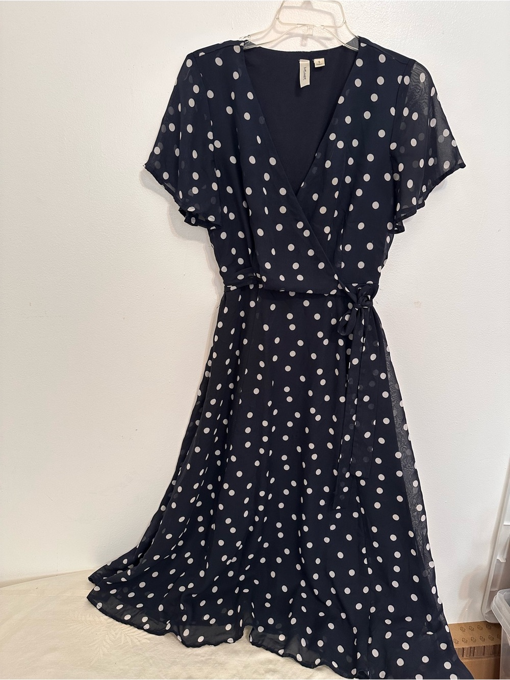 Tacera Navy and White Polka Dot Wrap Midi Dress
